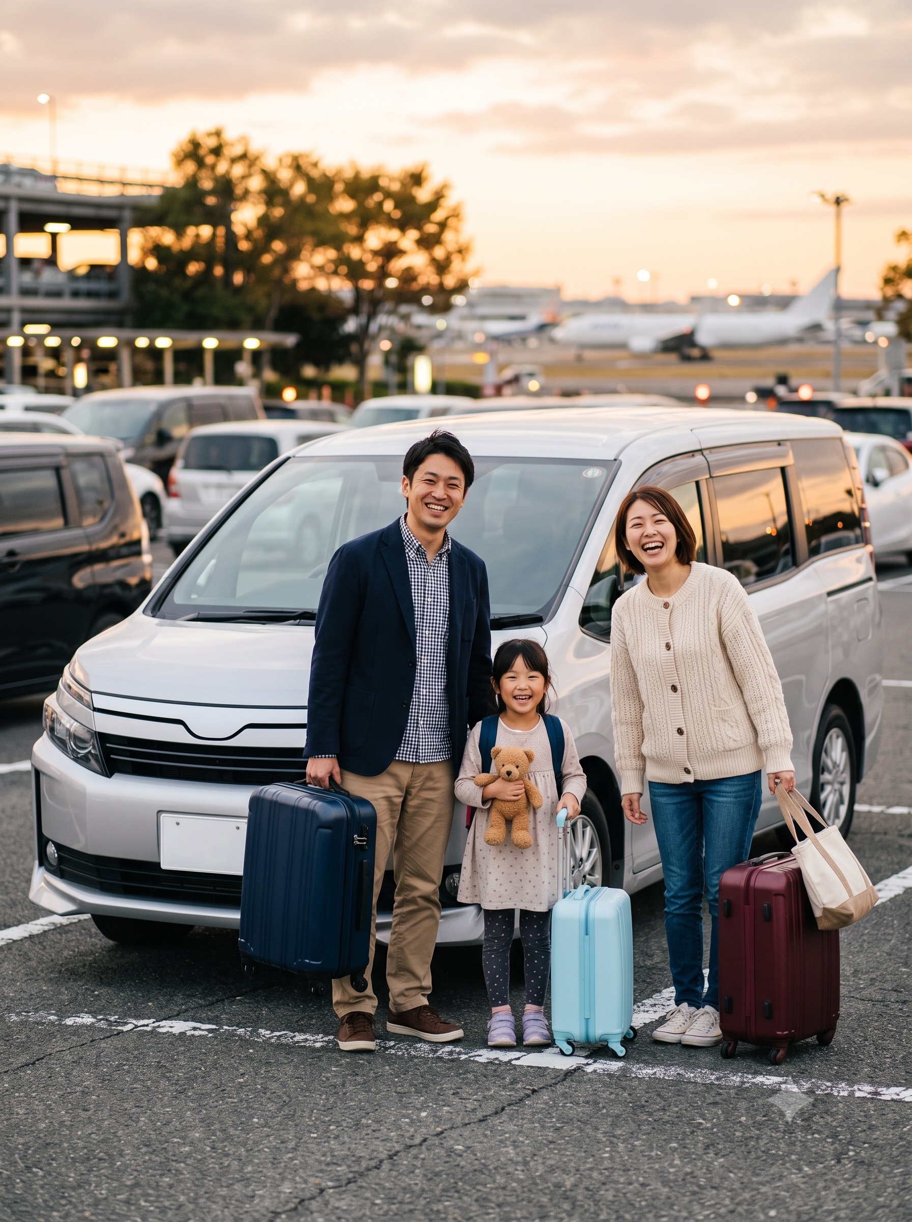 旅行から帰ってきたご家族が、洗車されたお車の前で笑顔になっている様子